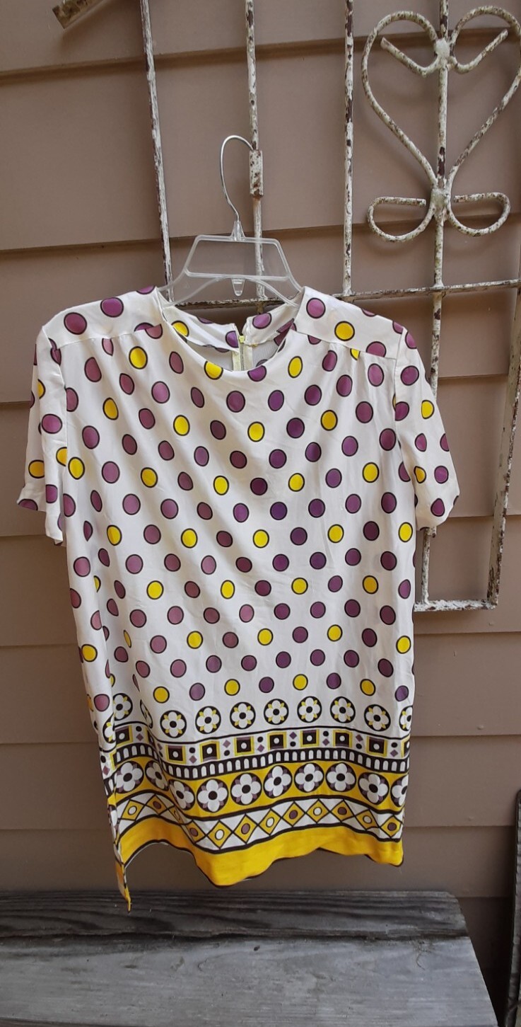 Vtg 70s Womens Top Geometric design bright Purple,Yellow & Black On White 14/16?
