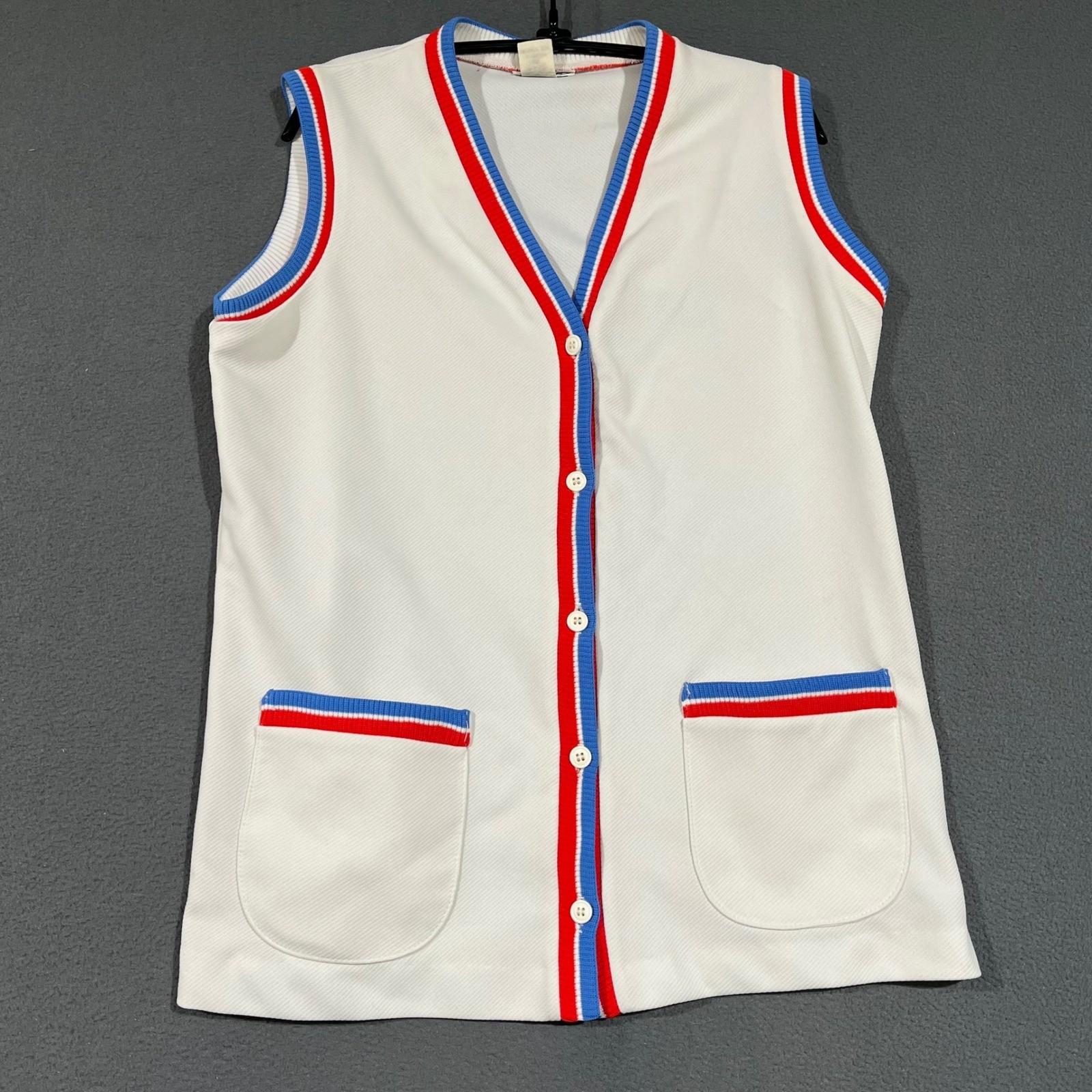 Tempo Vest Womens L White Red Blue Striped Trim Button Front 70s Retro Americana