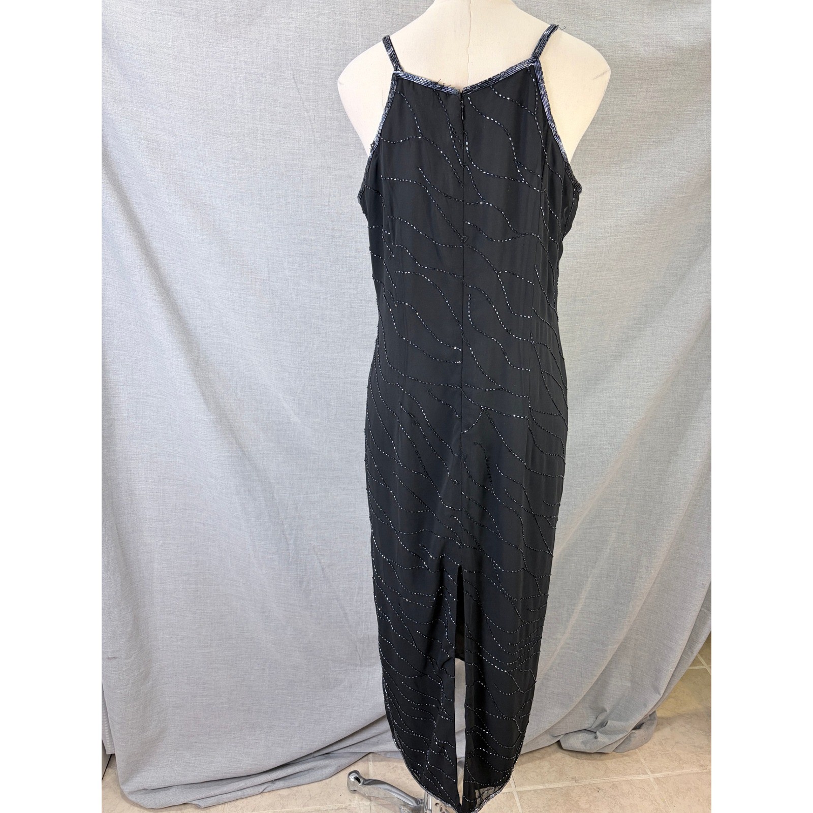 Onyx Nite Black Iridescent Beaded Slip Gown Formal Maxi Dress Vintage 12