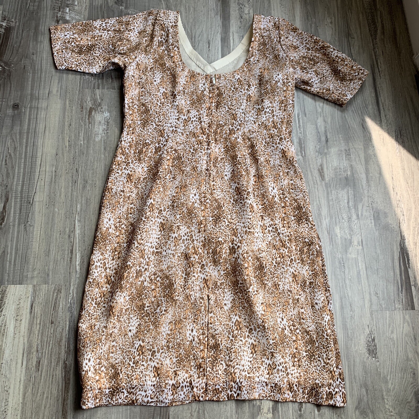 Vintage Animal Leopard Print Dress Sheath Short Sleeve Medium Large Size 8 10