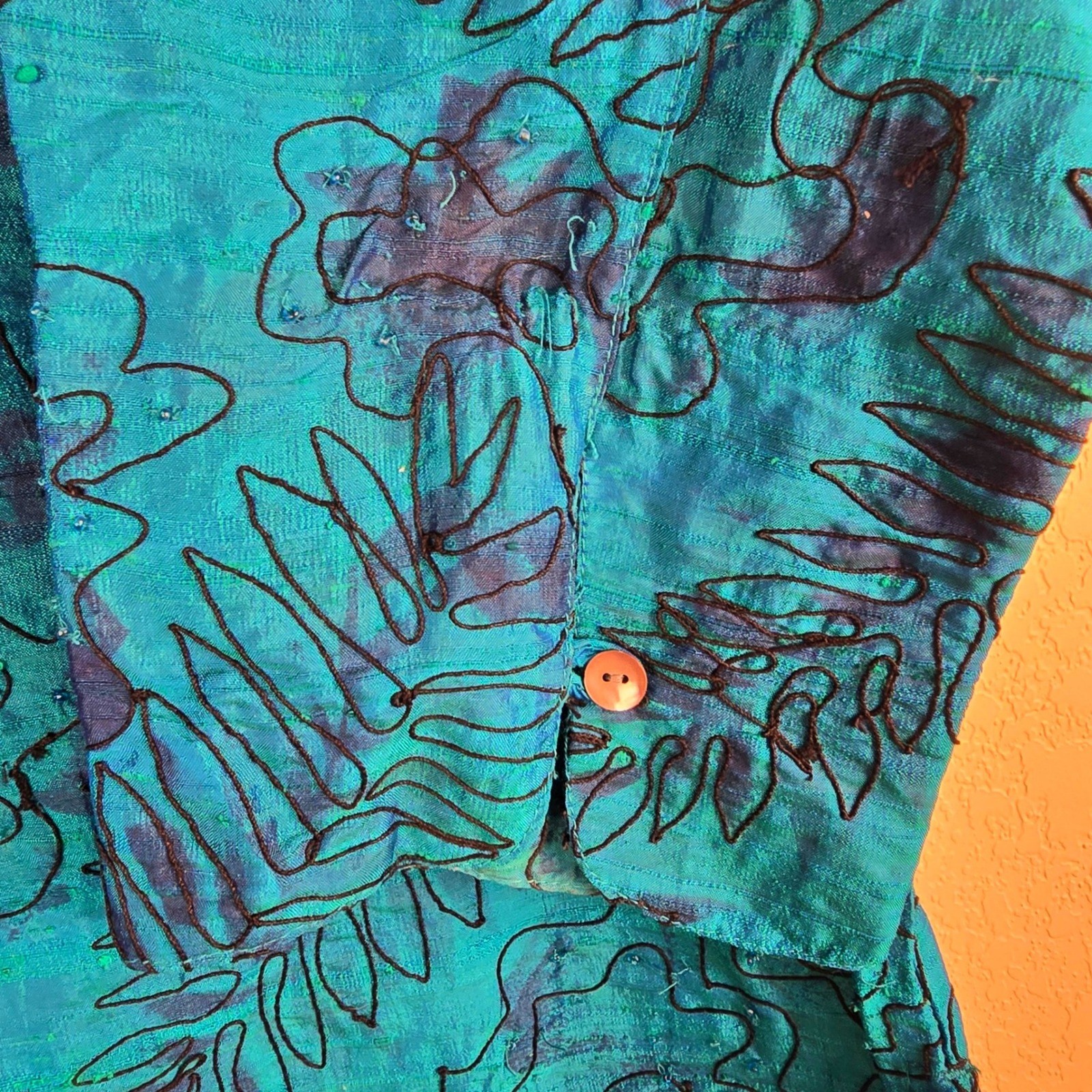 Vintage Chico’s Design 100% Silk Beaded Floral Shirt Teal Blue Boho Size 3
