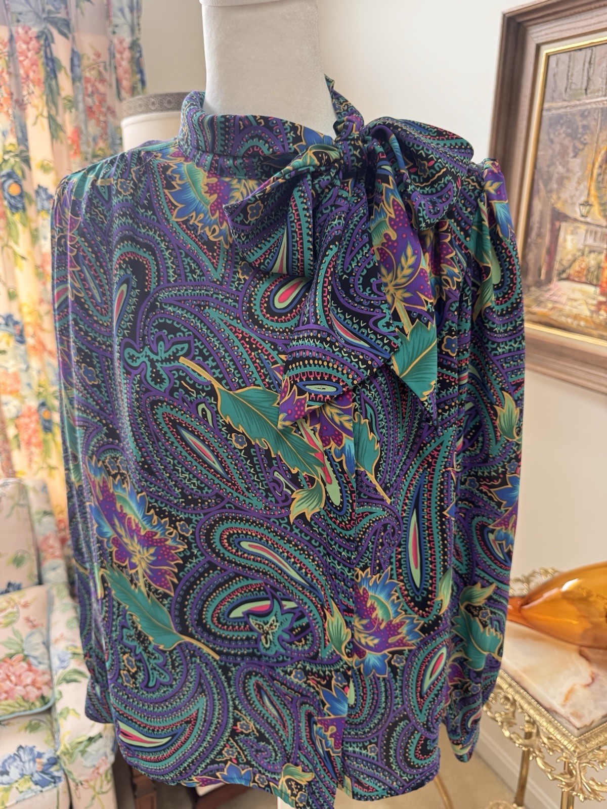 Vintage Rhoda Lee Paisley Bow Blouse Women’s Medium Jewel Tone Tie Neck 80s 90s