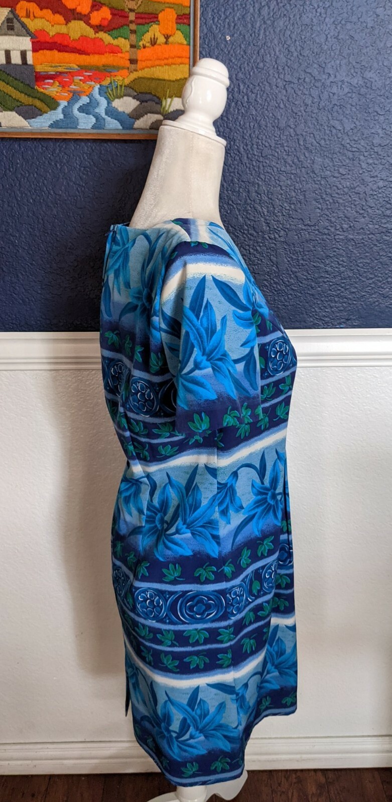 VTG Betsy Lauren Dress 1990s Short Sleeve Blue Tropical Dress Sz Petite 6 Small