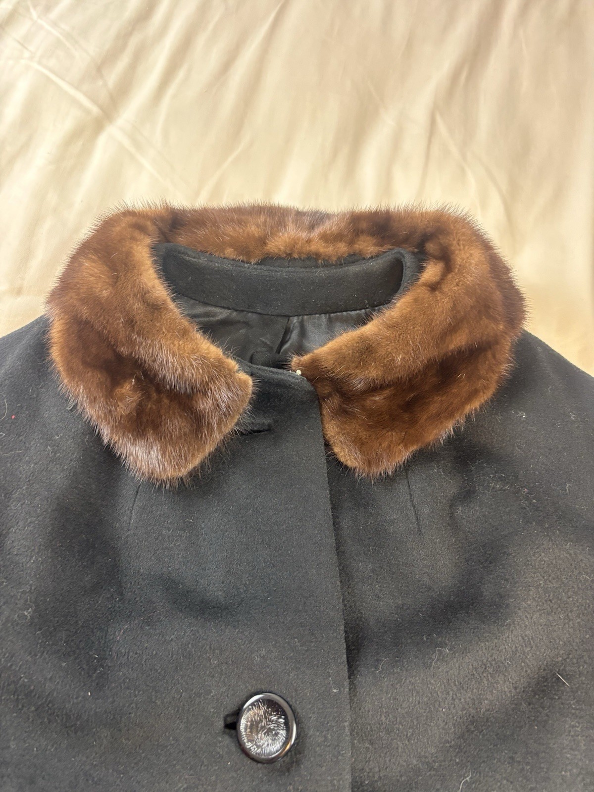 Lorna Lee Solid Black Fur Collar L/SL Wool Long Winter Coat Size Large Vintage