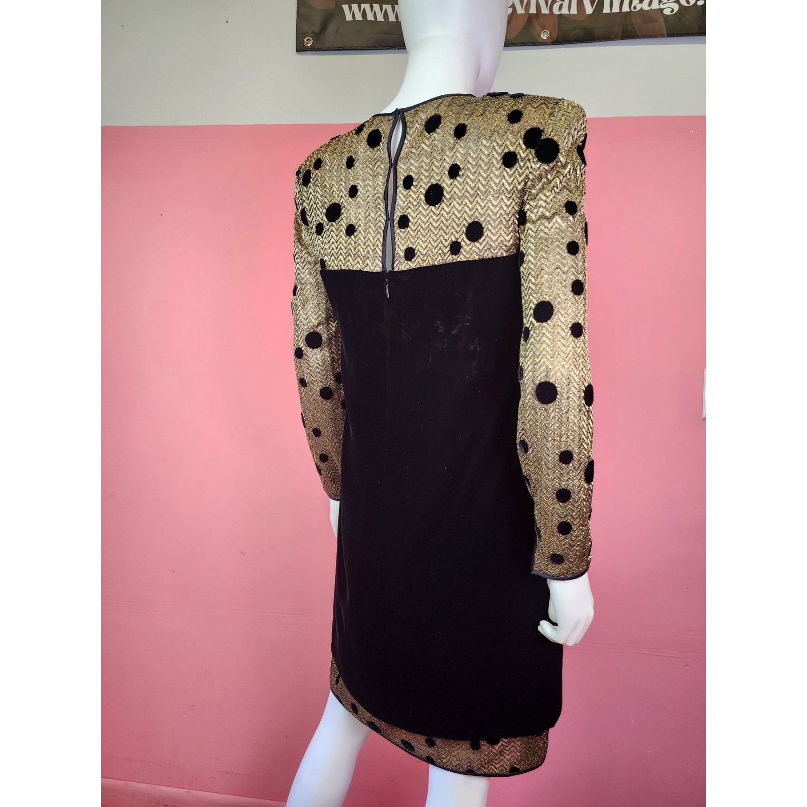 Vintage 1980’s Black Velvet Metallic Gold Polka Dot Long Sleeve Cocktail Dress