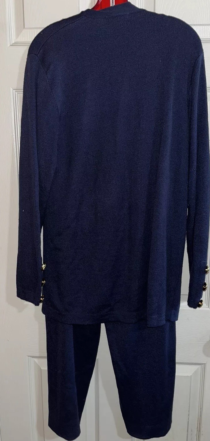 Jacobson’s Navy Blue Knit 3 Piece Pant Set Cardigan Shell Gold Buttons women’s M