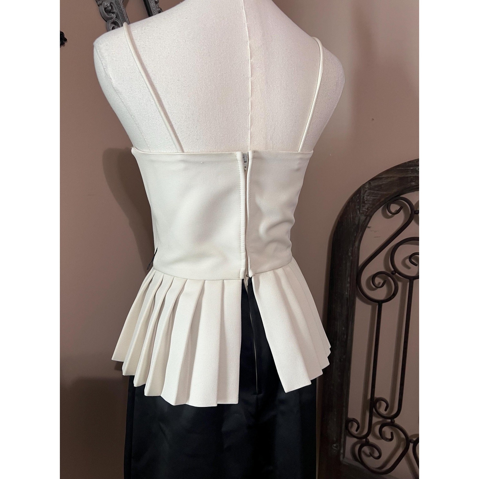 Vintage 80s Black & Ivory Structured Peplum Cocktail Dress Size S New Wave Goth