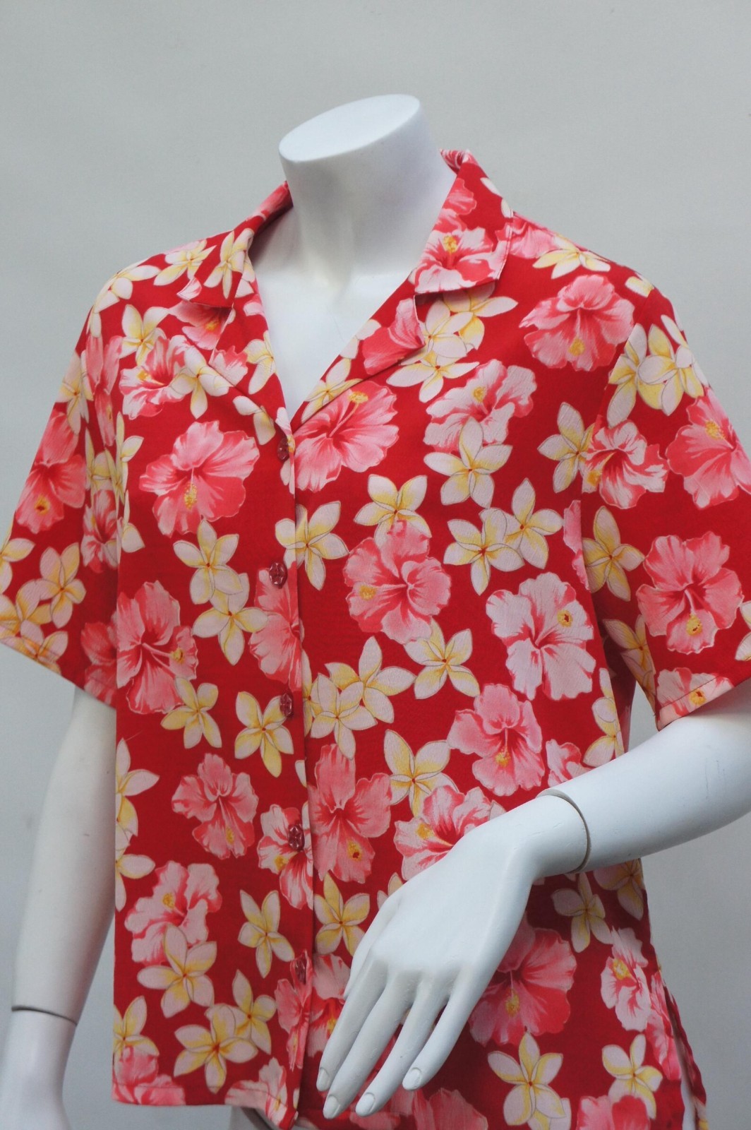 Vintage 90s Red Hibiscus Floral Hawaii Shirt By Bon Worth Size Medium Boho Retro