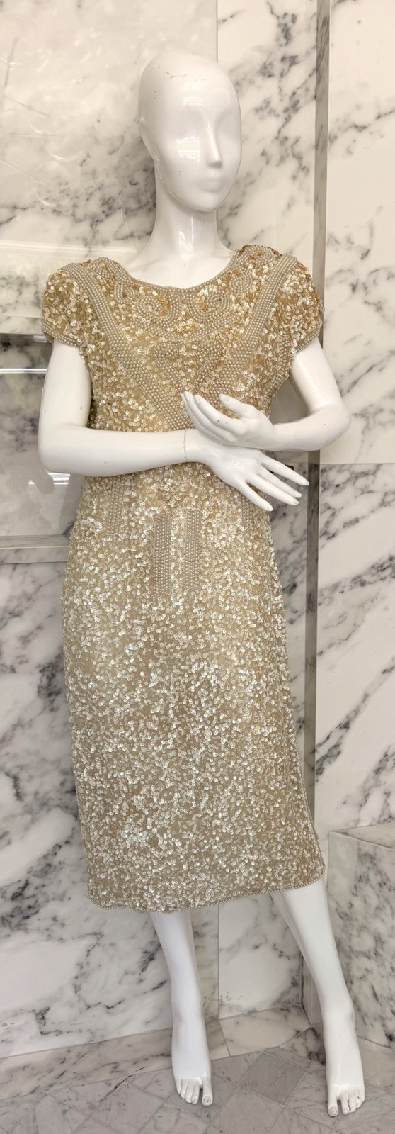 Vintage Laurence Kazar Paris II Nude Gold Sequin Pearl Beaded Cocktail Dress M