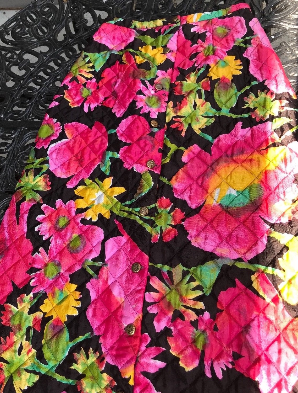 Vintage Skirt Quilted Long Length Floral Print Button Down A Line 24″ Waist S