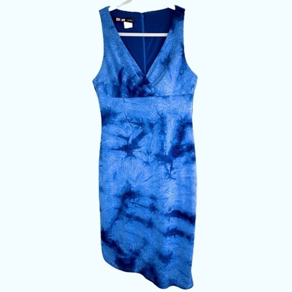 Clique USA Beaded Dress 10 [S] Asymmetric Hem Blue Rhinestones Wedding Guest