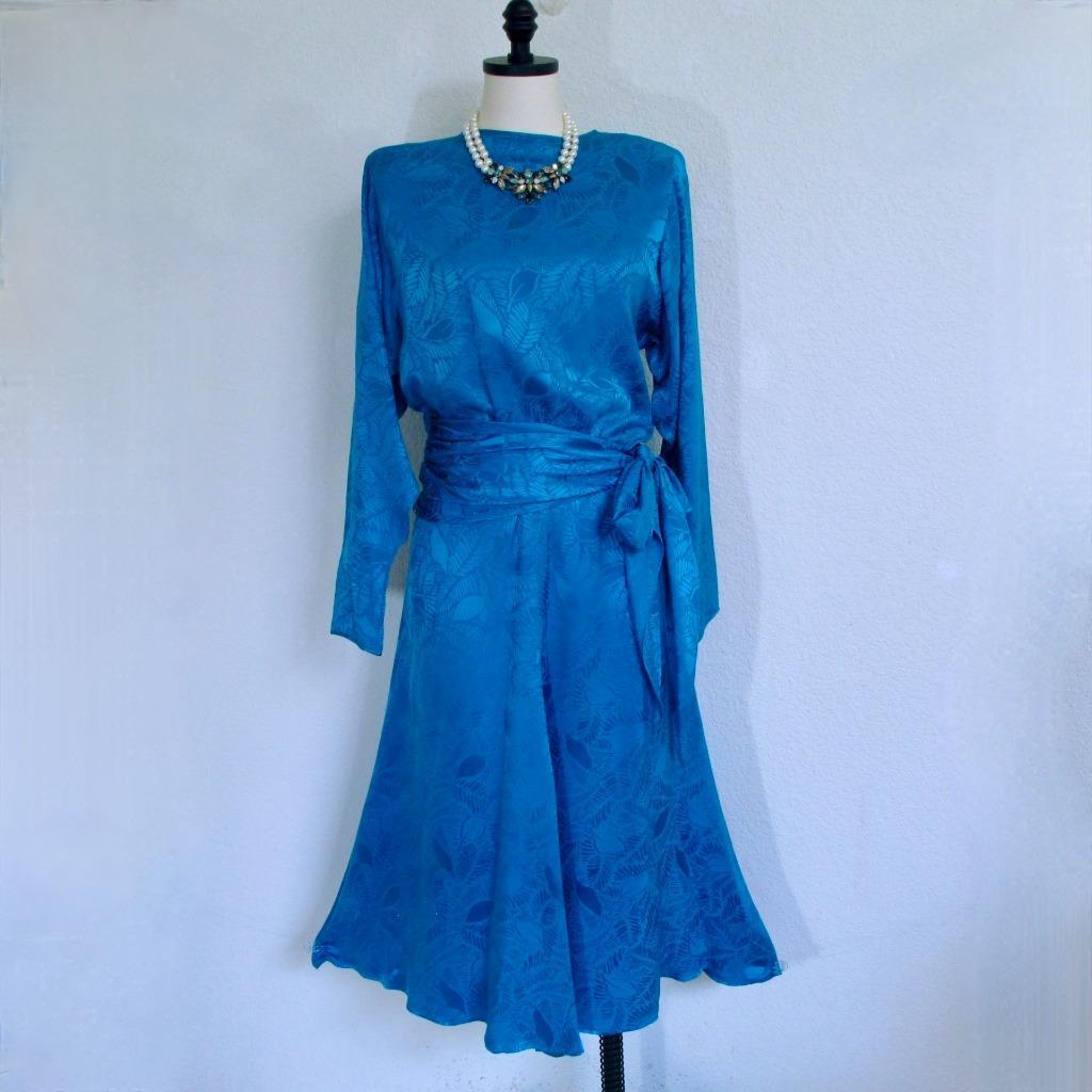 Vintage 80s Jerry Regenbogen Silk Dress 6 Sapphire Blue Sash Wrap Retro Glam