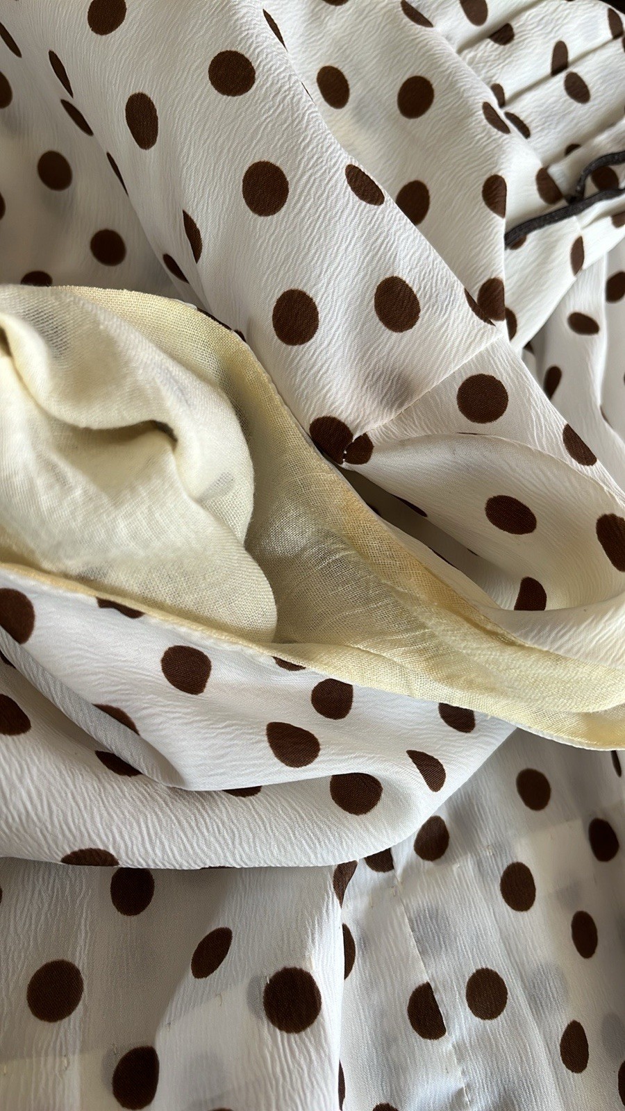 Vtg Alden’s Fashions MCM 70s Dress W/Pleated Skirt~Cream W/Brown Polka Dots~READ