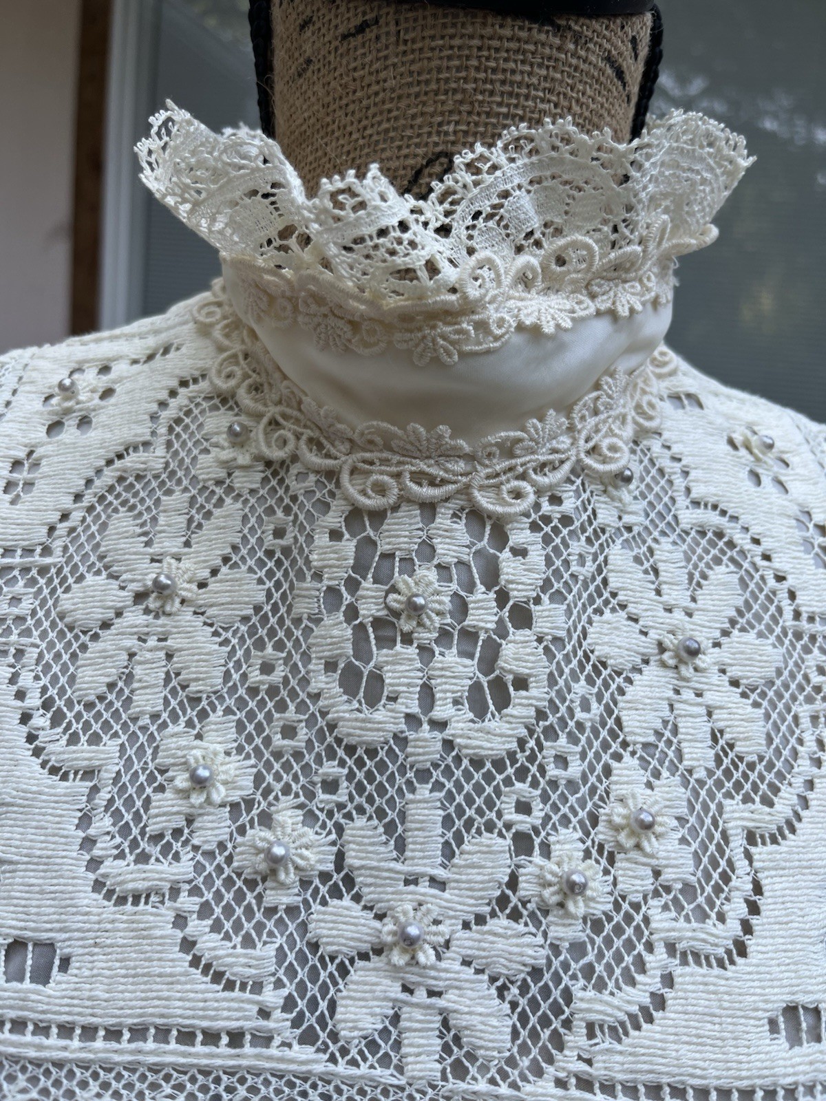 Vtg 70s Victorian Boho Wedding dress high neck beaded lace Cottage Core Prairie￼