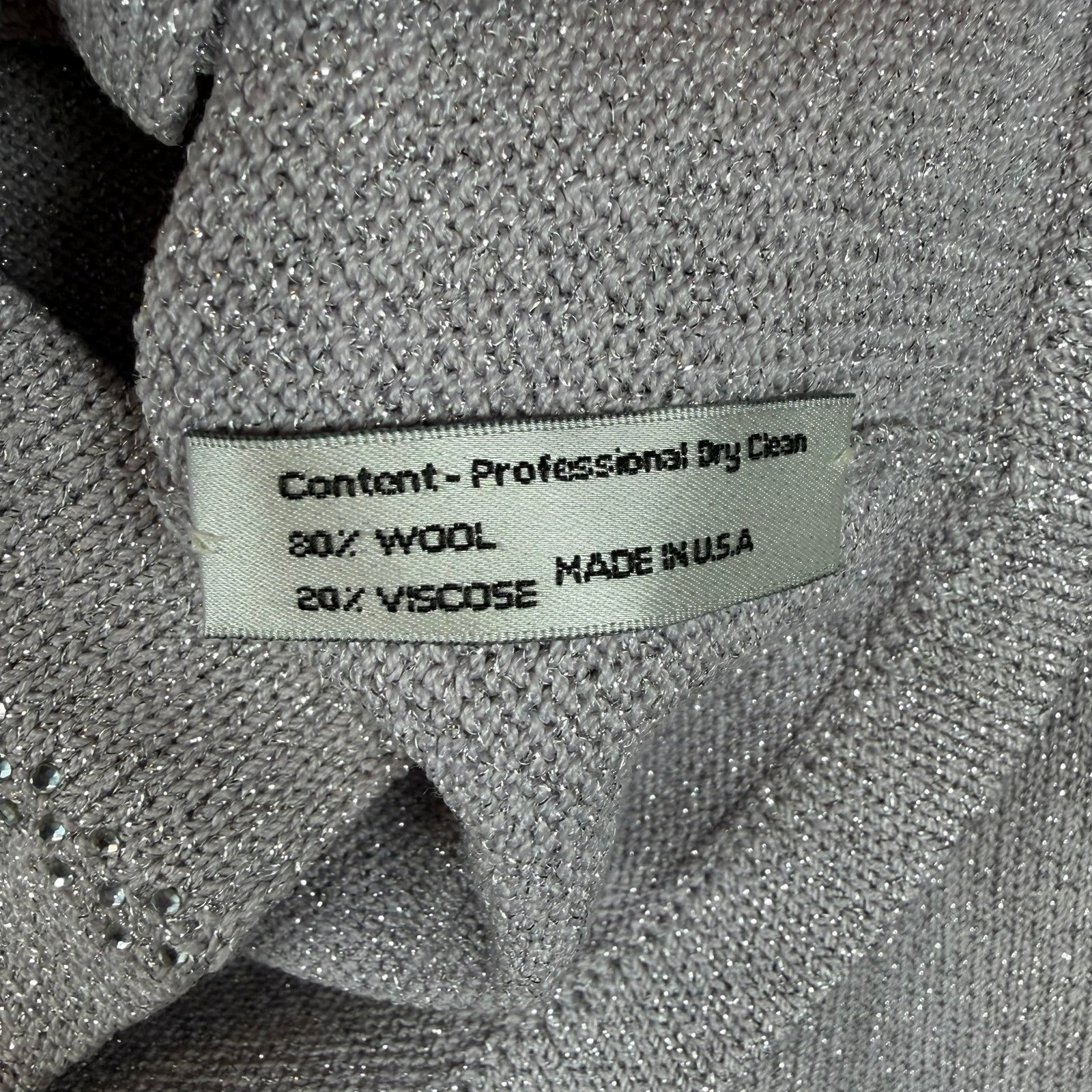 J.S.S. Vintage Women Metallic Knit Pant Suit Silver Wool Blend Rhinestone Petite
