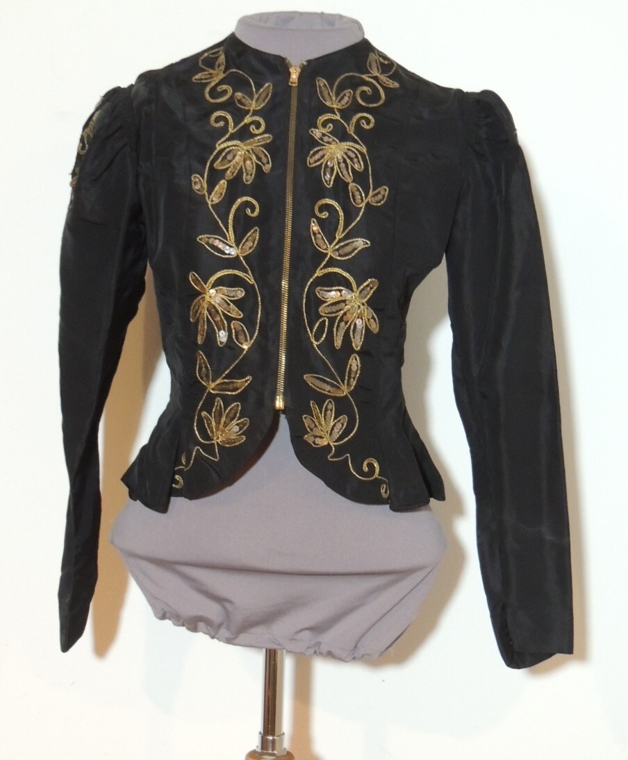 1940’s WW2 Era Black Taffeta Evening Jacket w Gold Sequins SM