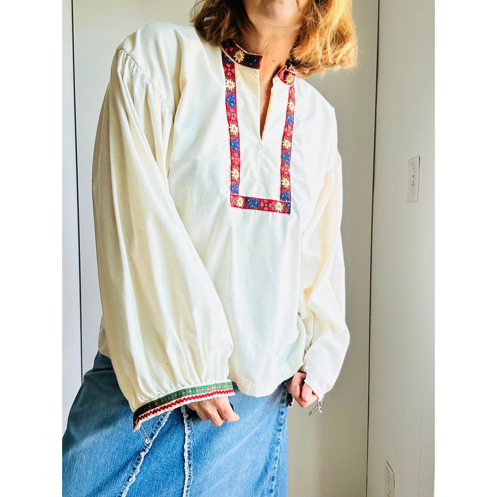 Vintage 70s Boho Peasant Blouse L XL Handmade Cotton Embroidered Folk Top