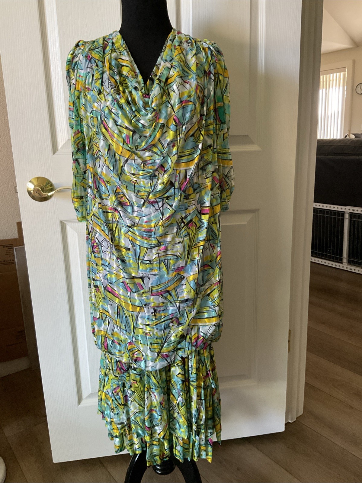 Vintage 80s Virginie Paris / France Work Of Art Pleated Drop Waist Dress XL