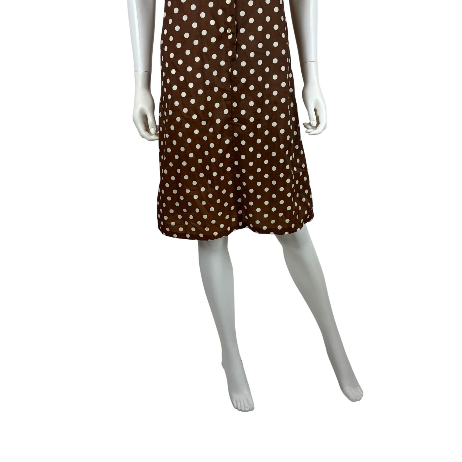 Vintage 60s Polka Dot Dress Womens Large Brown White Ruffle Collar Shift