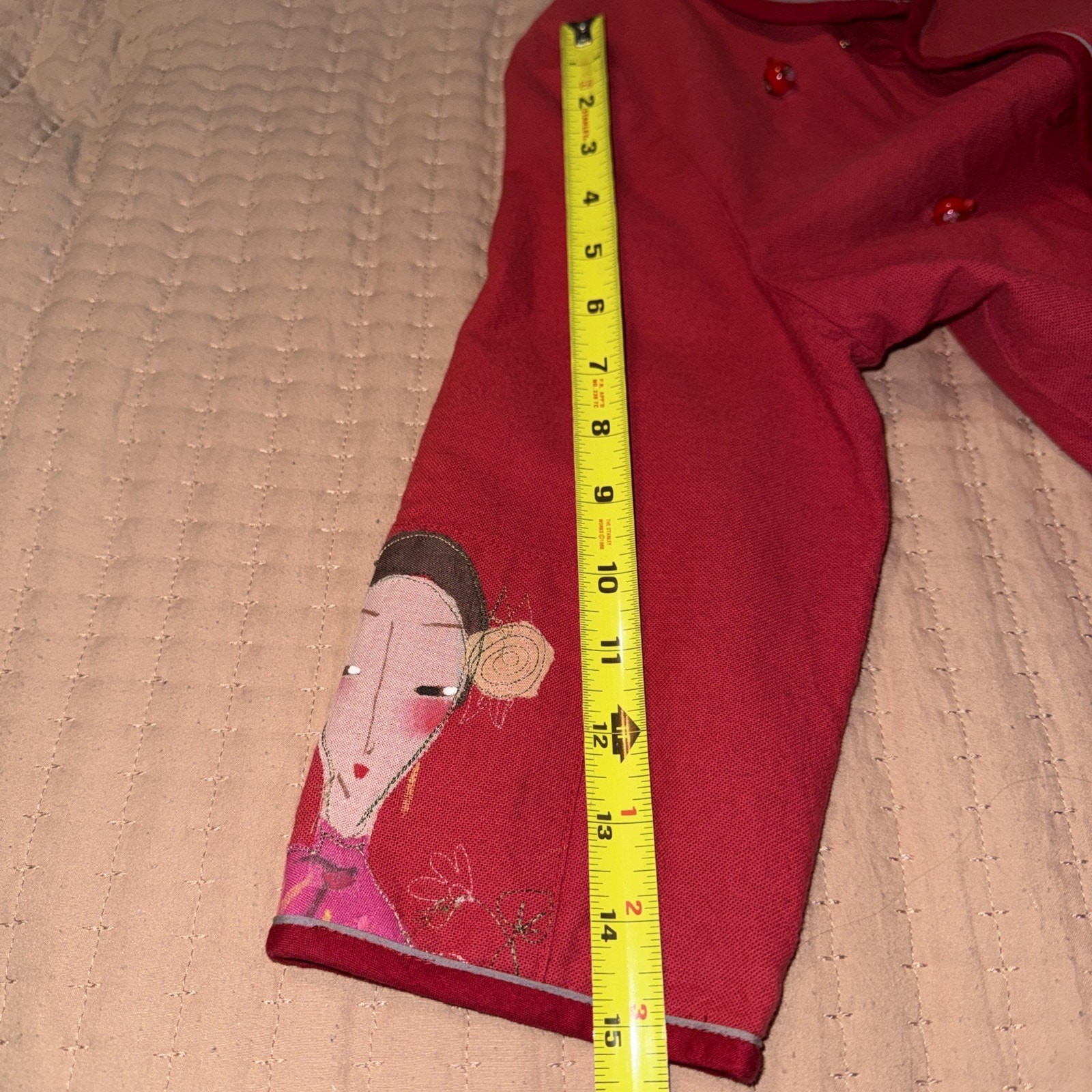 Artisan Red Asian Style Cheongsam Dress Hand Painted Lined Applique 90’s EUC