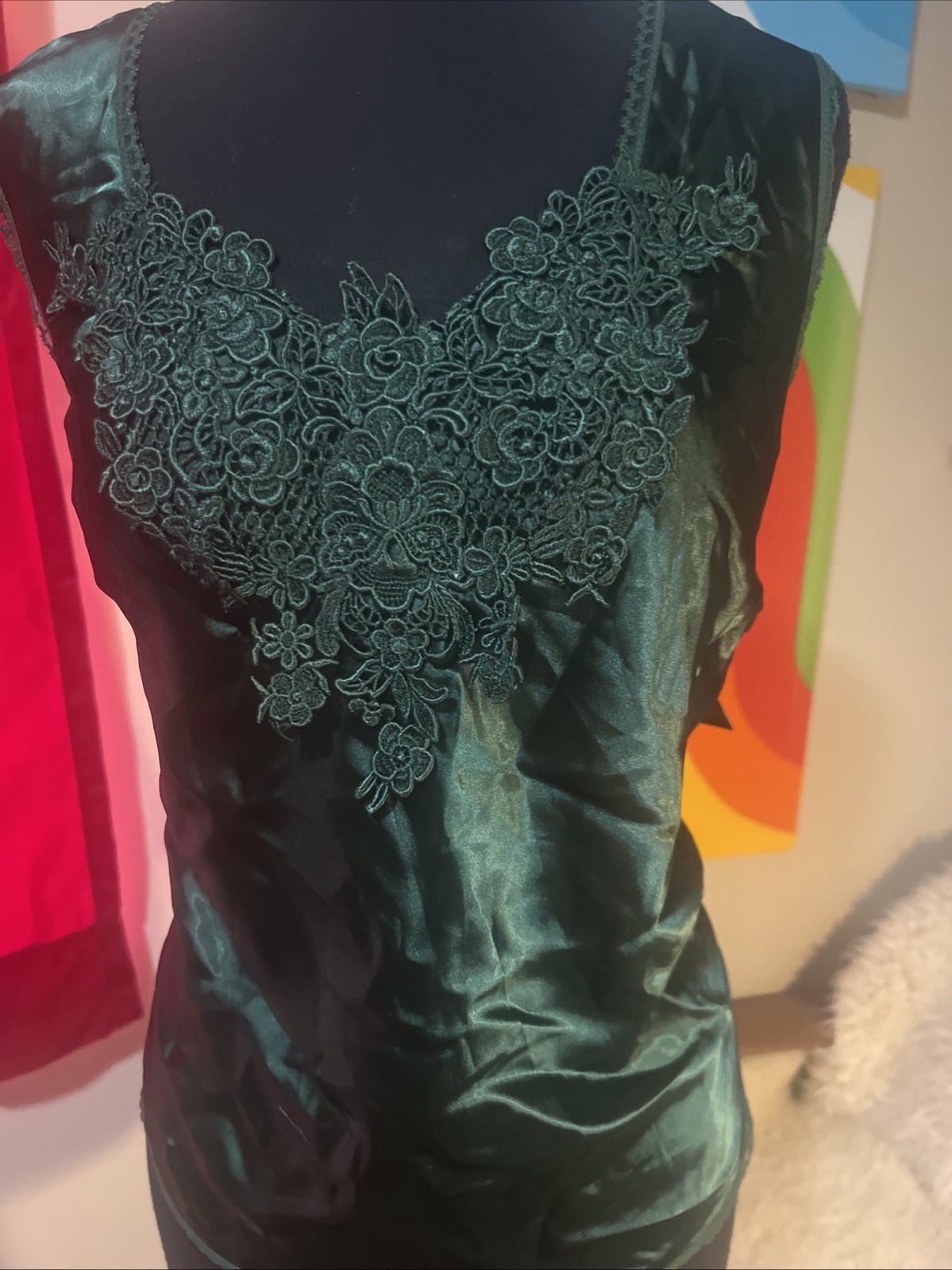 Vtg Escapades Suit Camisole Tank Glossy Slippery Smooth Satin Green XL USA