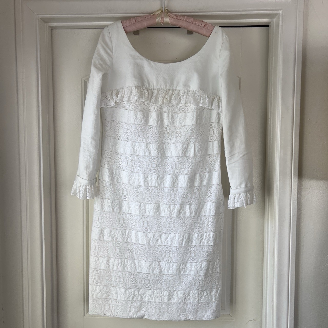 Vtg 60s S. Howard Hirsh California White Scoop Neck Lace Ruffle Day Dress Prep M
