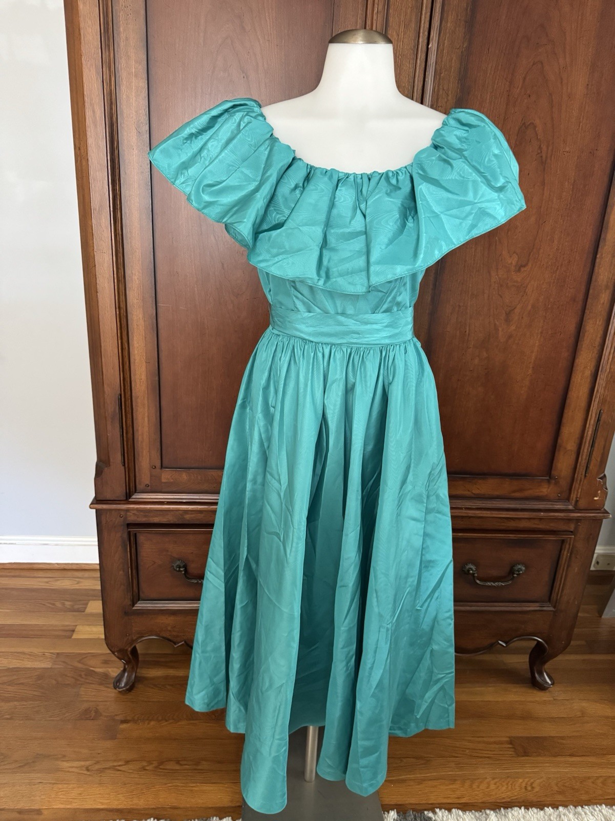 Vintage Lamz Originals Dress Turquoise Sz 4 Off Shoulder Ruffle Party Gown 80s