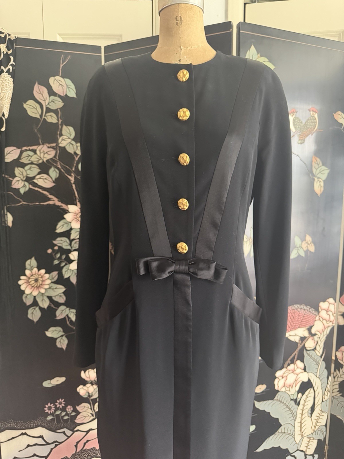 Vintage ‘80s Nipon Boutique Black Crepe & Satin Dress Long Sleeve Bow 8 Small