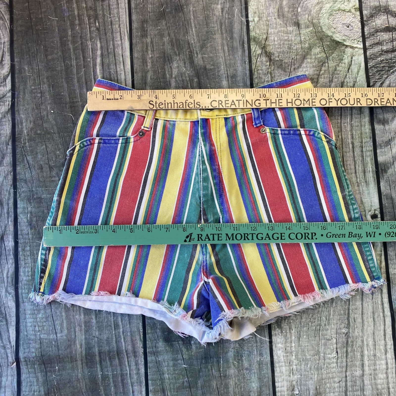 Vintage Bonjour Women’s Junior 9/10 Shorts Colorful Stripes Denim Jean Fray Hem