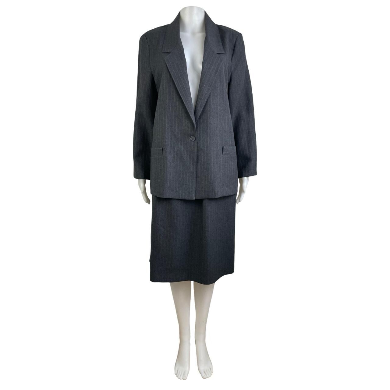Vintage Gray Pinstripe Suit Womens Size Large 1970s Washable Blazer & Skirt Set