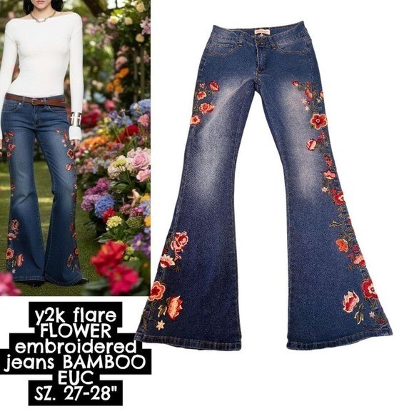 🌸 VINTAGE Y2K Bamboo Floral Embroidered Flares 🌸27-28″