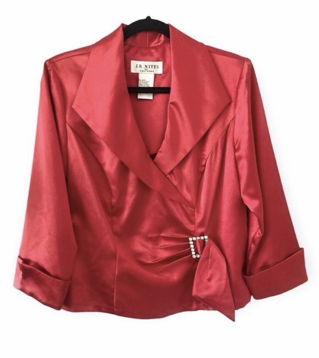 JR Nites By Caliendo Vintage 90s Holiday Red Satin Blazer Jacket Size 12