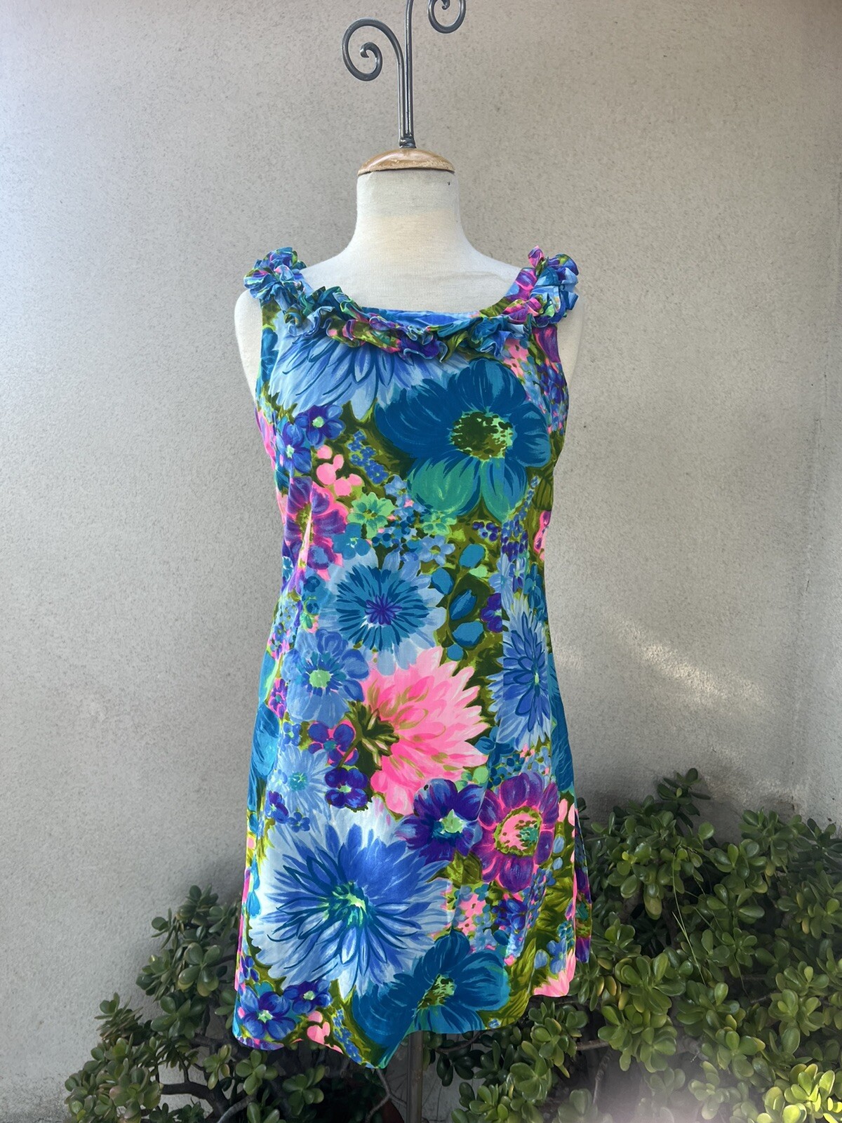 Vtg Hawaiian Luau Mini Dress Ruffle Neck Blue Floral Small By Waltah Clarke’s