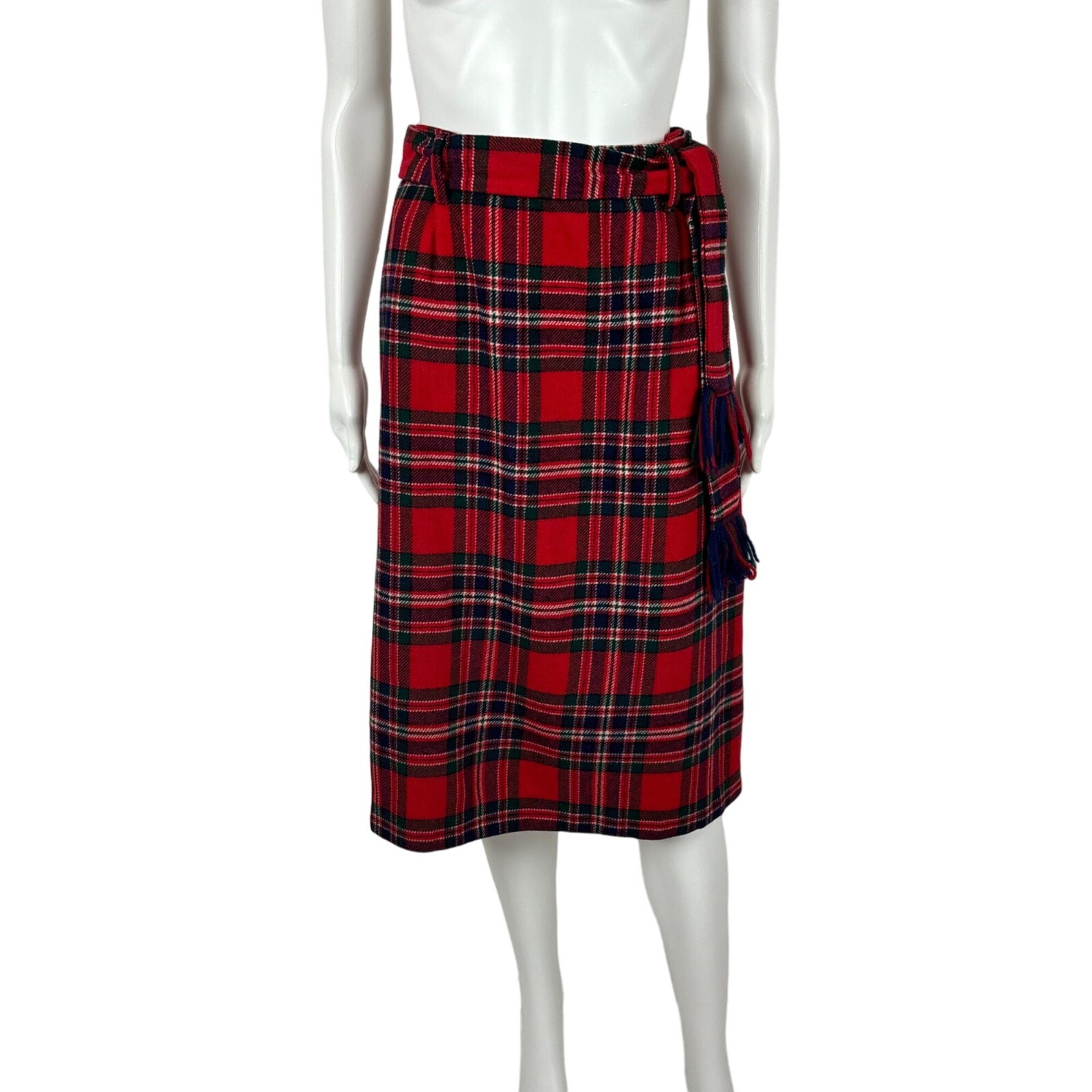 Vintage 70s Tartan Skirt Women’s XS Red Wool Plaid Fringe Belt Knee Length
