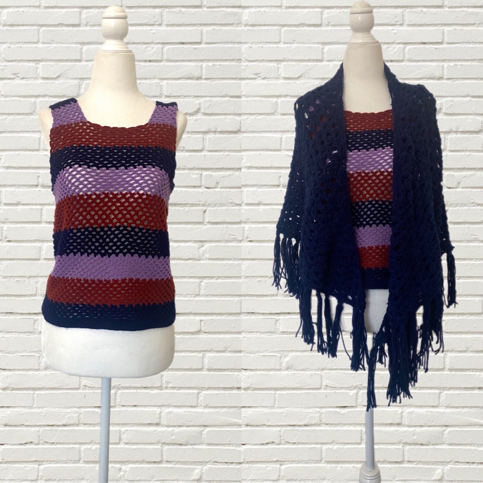 vintage 70s crochet tank top and fringe shawl set – Striped Knit Hippie Boho