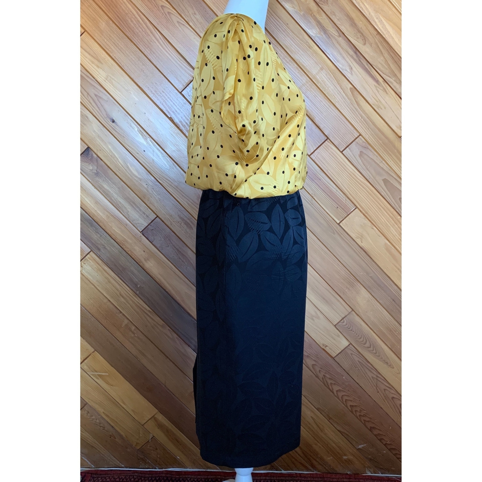 70s/80s Silk Black & Yellow polka dot and floral sheath dress