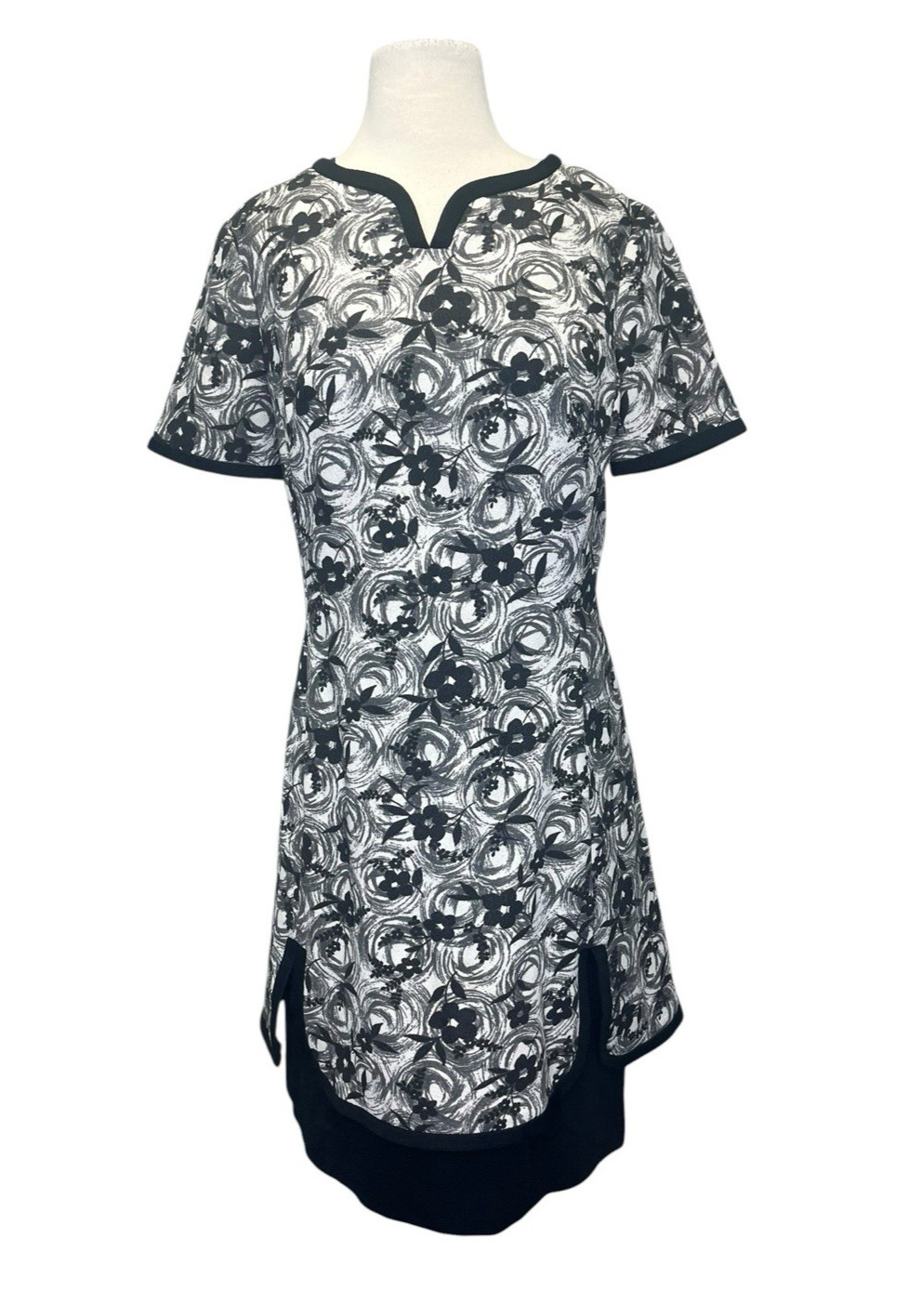 Vintage 60s Edith Flagg Mod Knit Dress Medium Black White Stretch Midi Floral