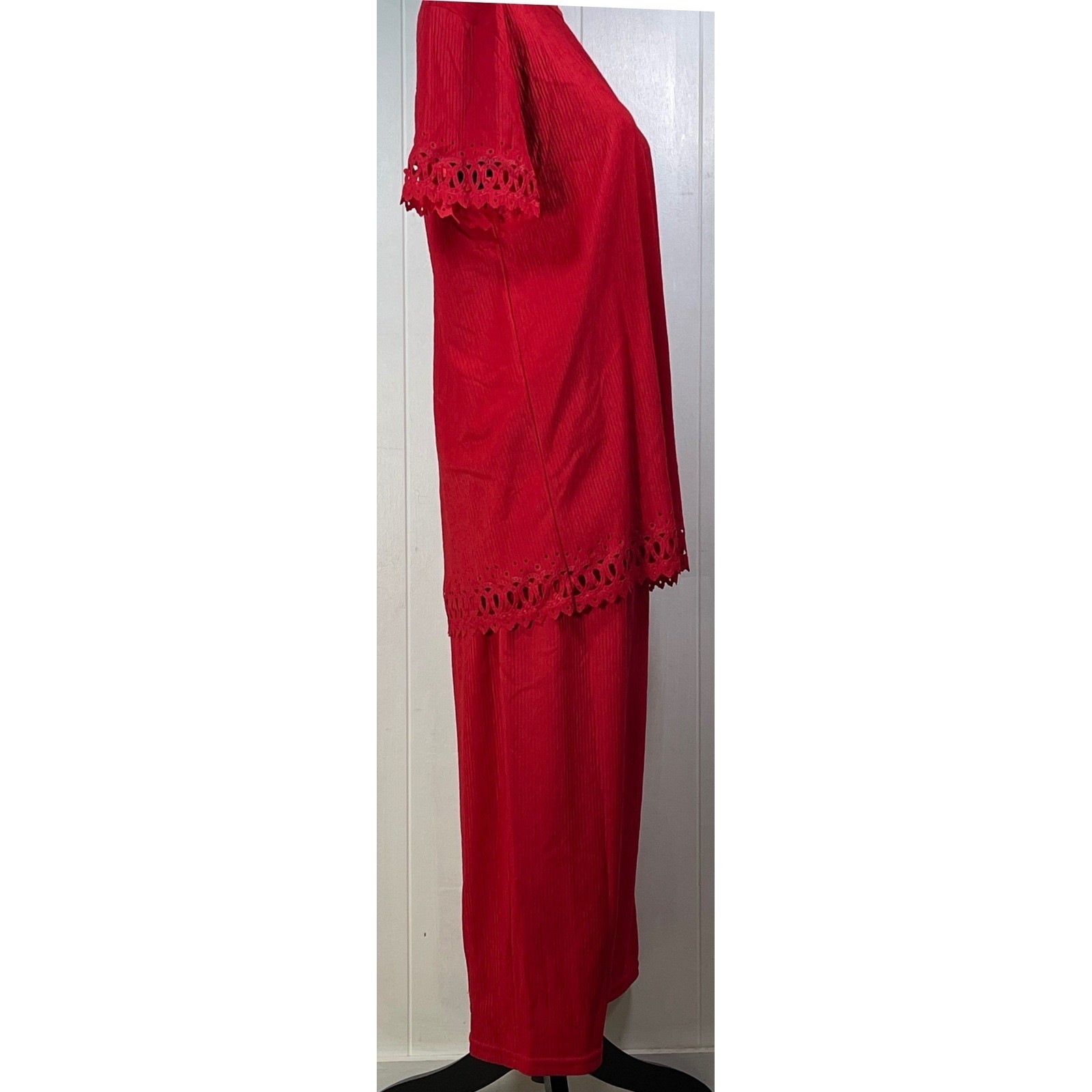 Superline USA Vintage Red Crinkle Eyelet 2pc Skirt Set Tunic Maxi Skirt modest