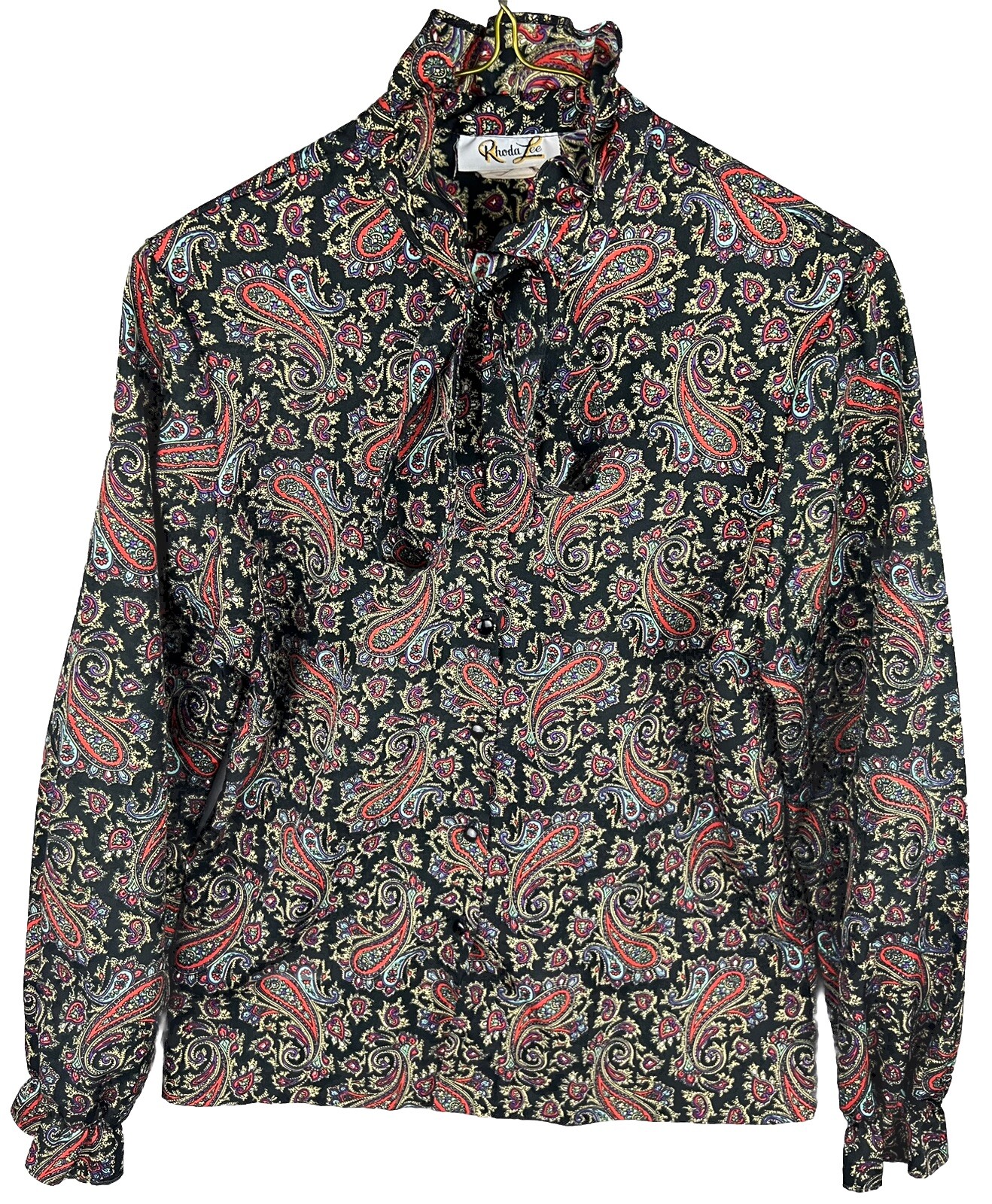 VTG 1970’s Rhoda Lee Polyester Neck Tie Blouse 12 Paisley Ruffles Dark Academia