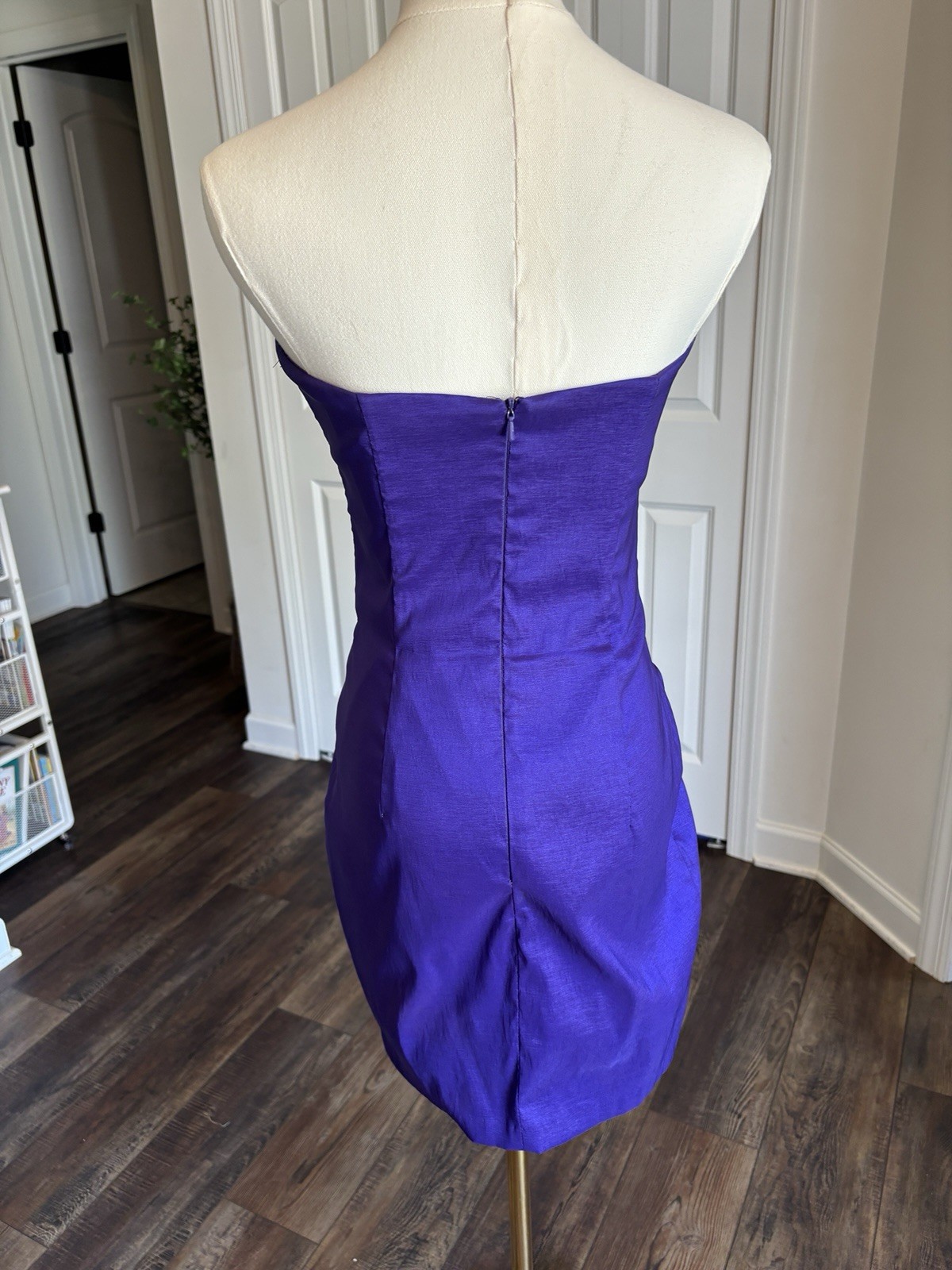 Y2K Jessica McClintock Body Con 3D Mini Wiggle Ruched Strapless Dress Purple 10