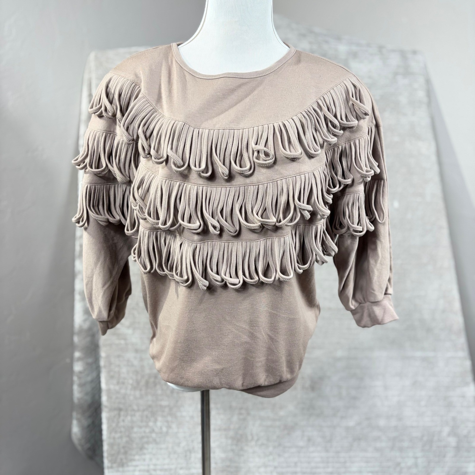 Vintage 1989 Bonnie and Bill Looped Fringe Sweatshirt Taupe Mauve Medium NWT