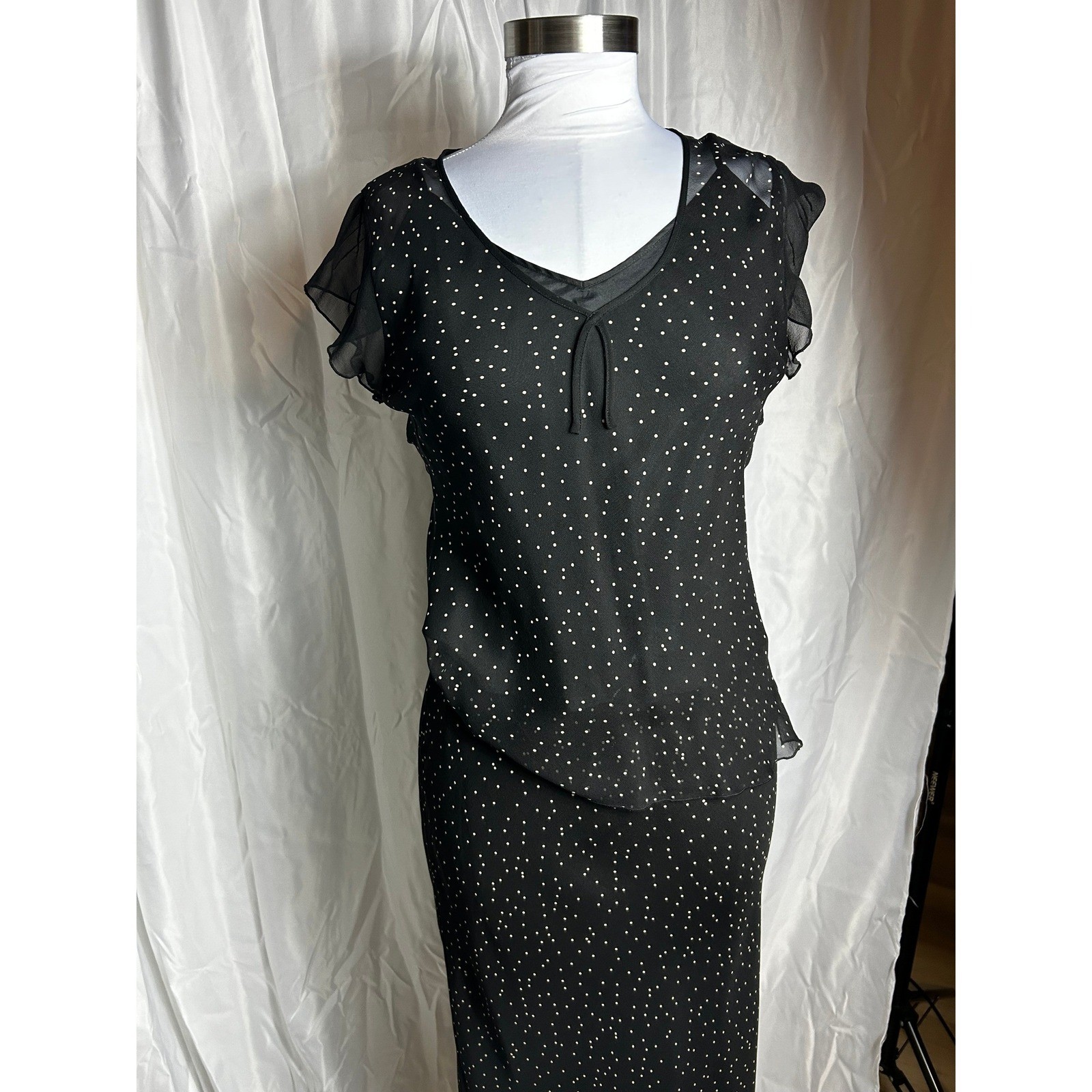Vintage 90s Polka Dot 3 Piece Set Sheer Silk Blouse Skirt & Camisole Black White