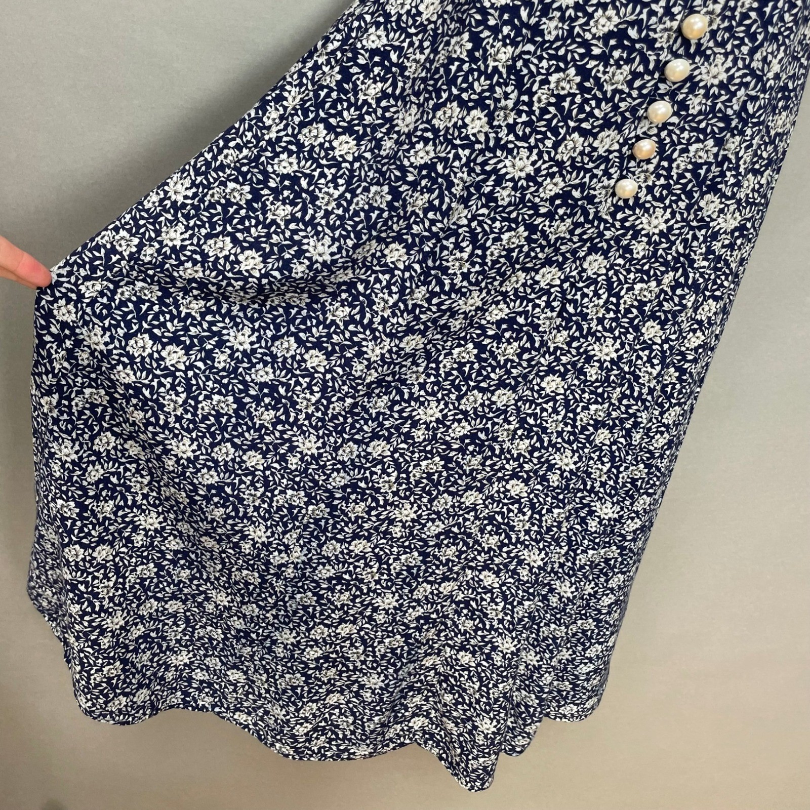 Vintage Paris Sport Club Dress Navy Floral Midi Faux Pearl Button Juniors Size 3
