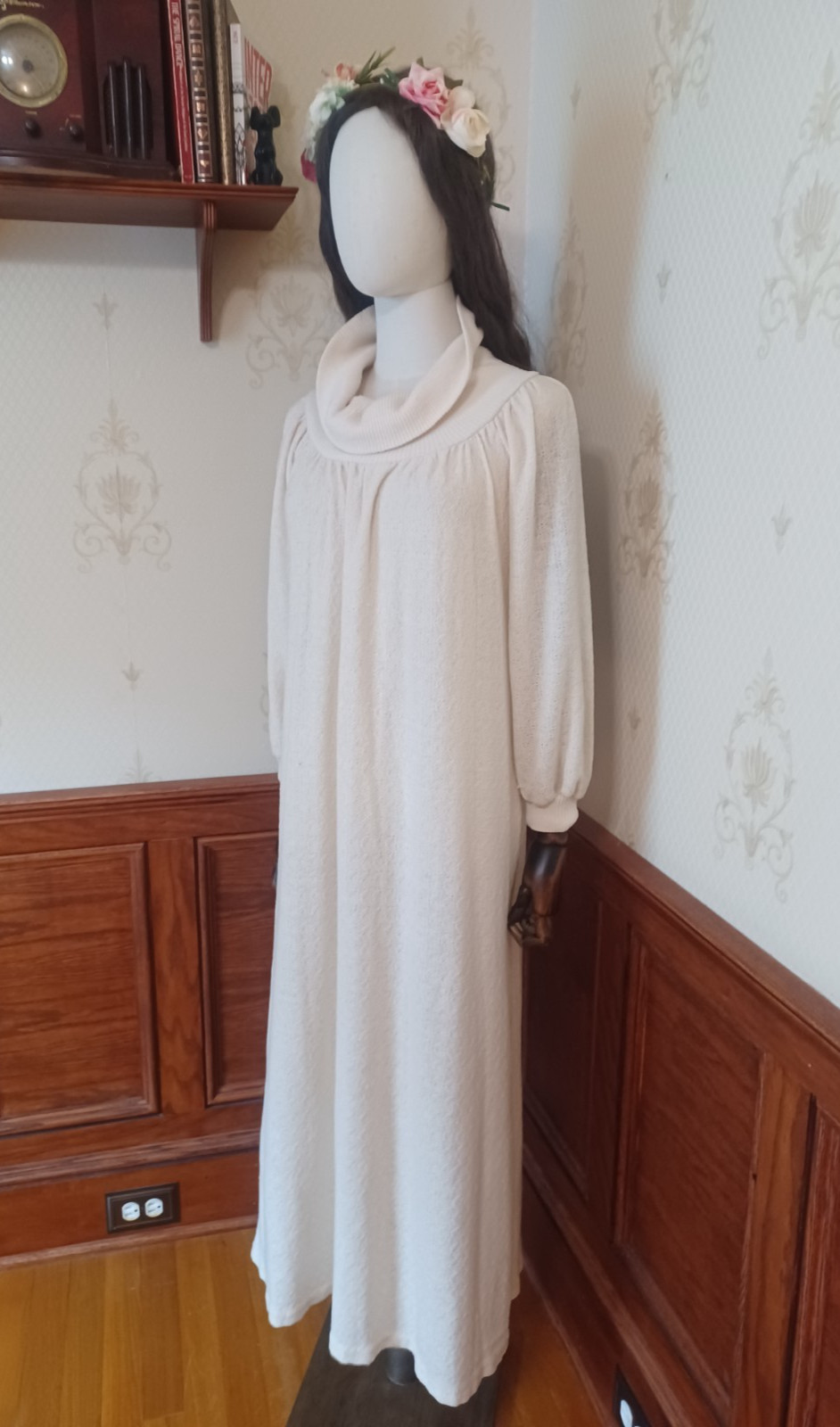 Vintage 1970s R. Michael Allen Ivory Boho Prairie Cowl Neck Knit Hostess Dress