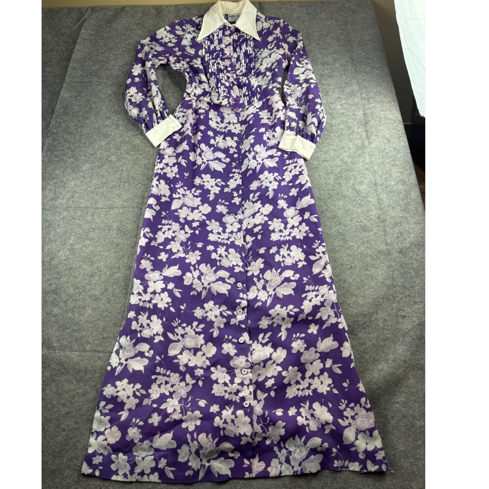 VTG Bobbie Brooks Purple Floral Pintuck Maxi Dress 70s Belted Womens XS? Prairie