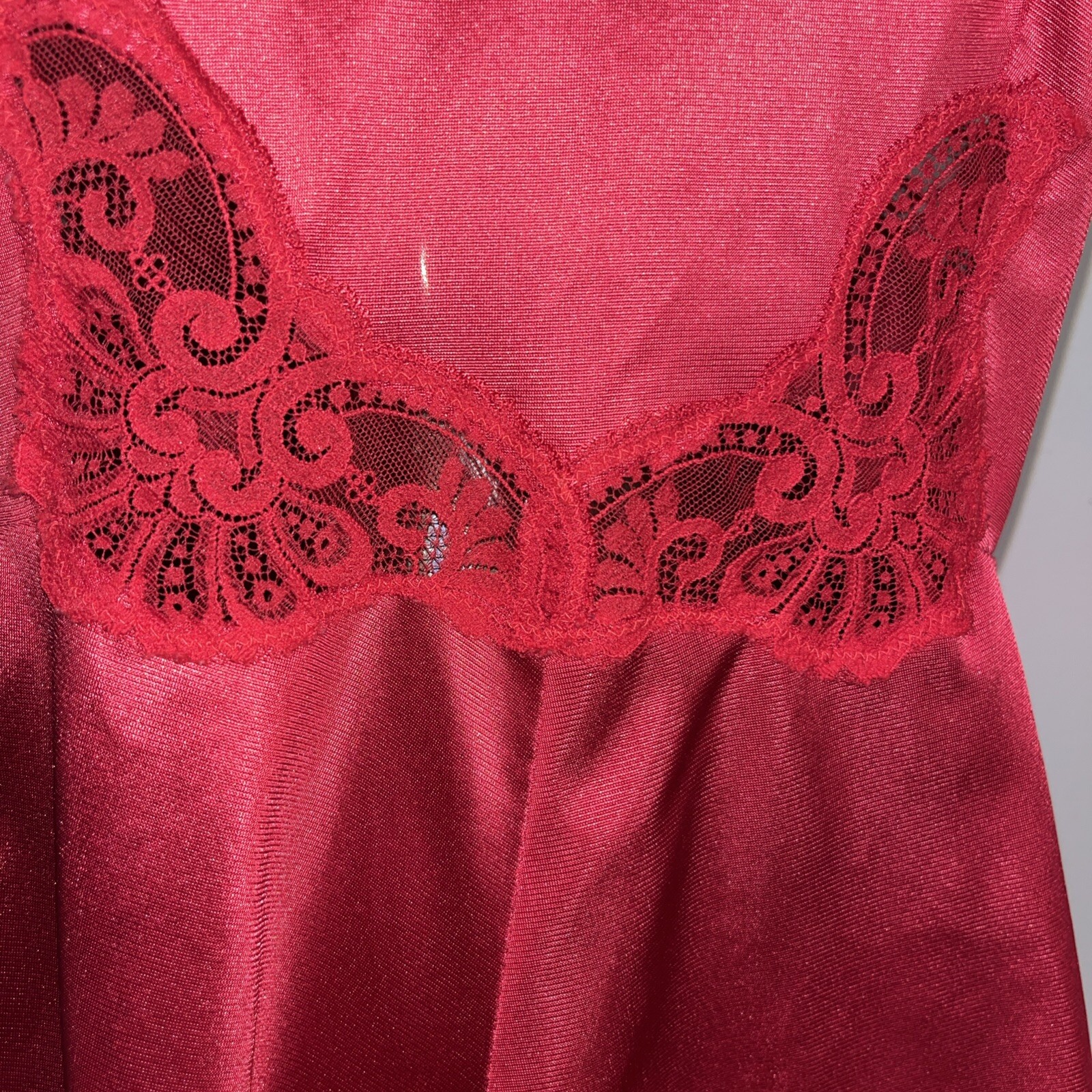 VTG Teddy Playsuit Romper Red Nylon Sheer Lace Ruffle 34 Med USA Maidenform