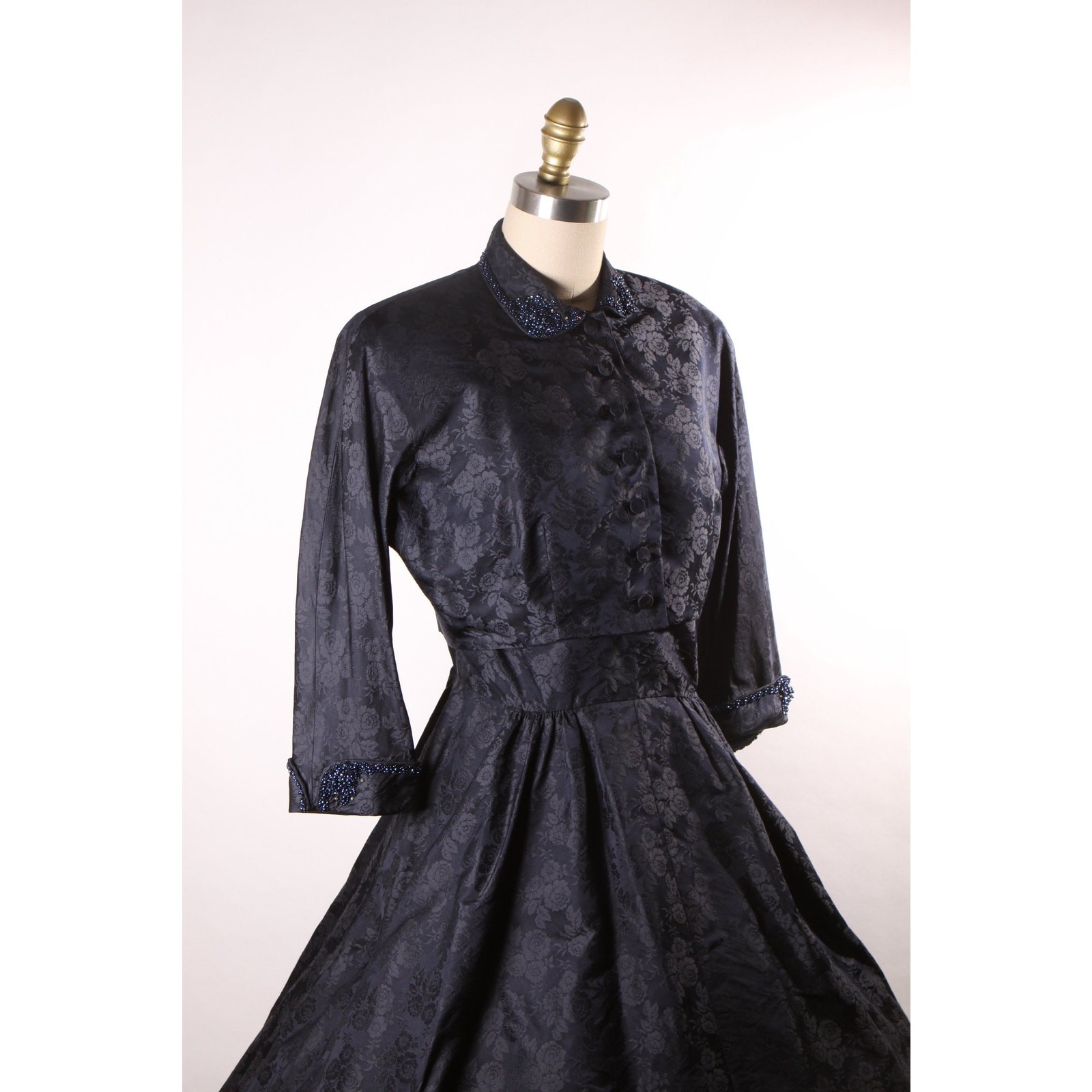 1950s Dark Navy Blue Floral Short Sleeve Dress with Matching Beaded Jacket