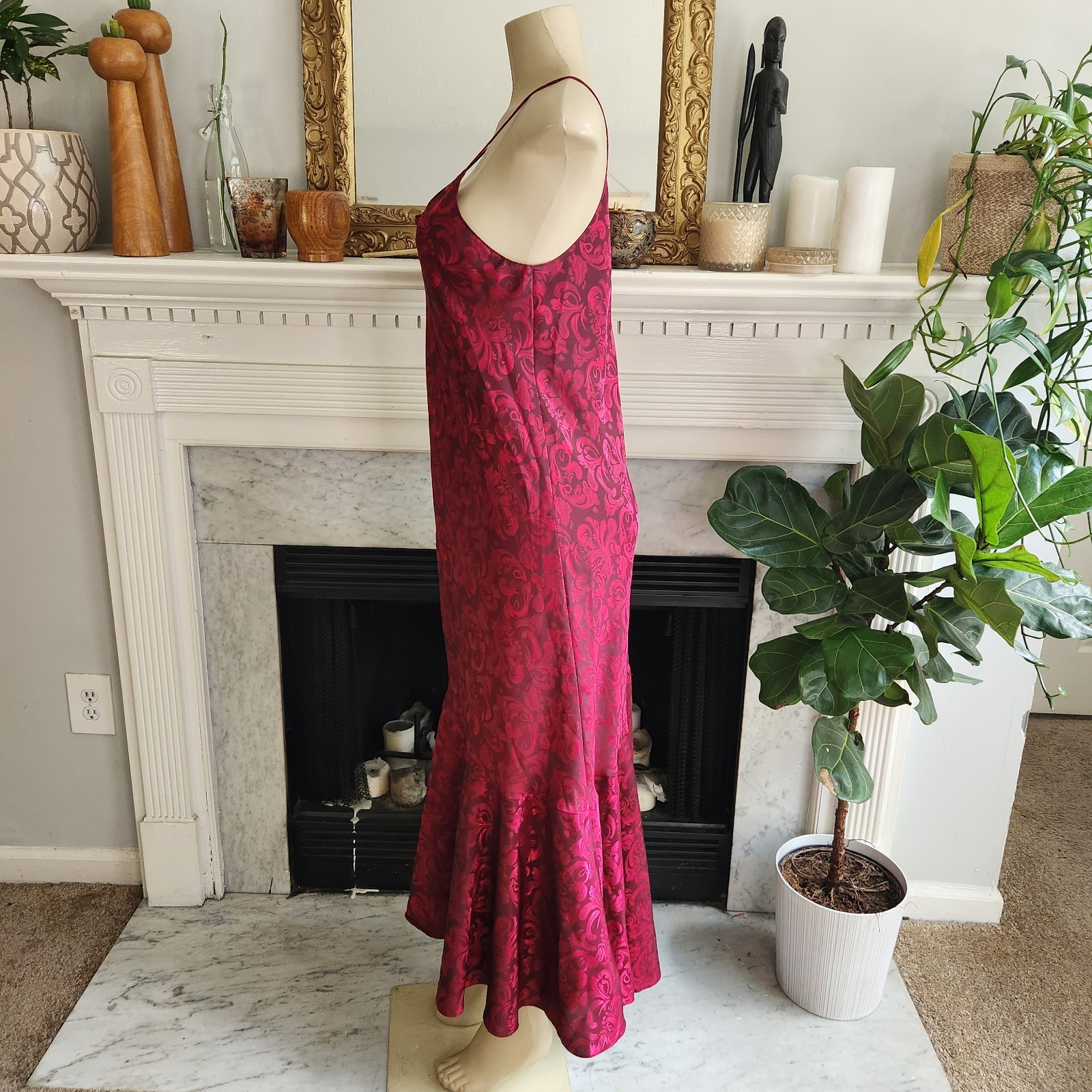 Vintage 80s Red Jacquard Ruffle Slip Dress Size Large Maxi Asymmetric Ruffle