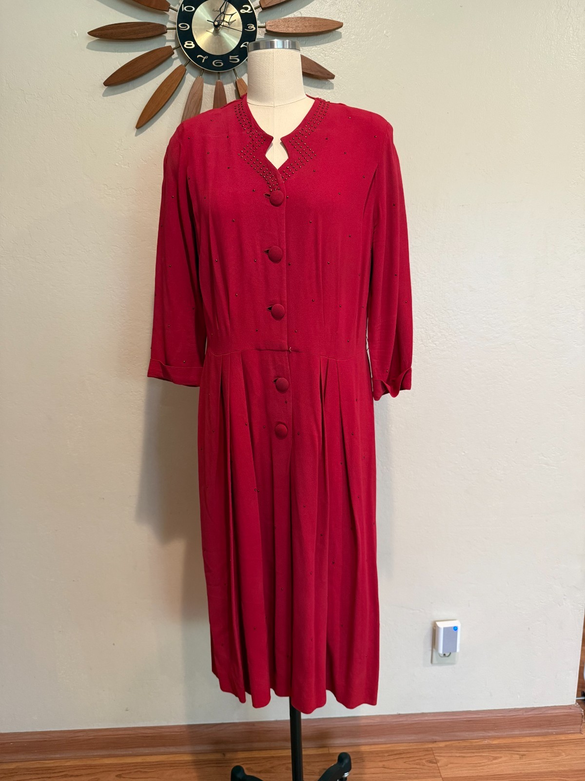 1940s Red Rayon Crepe Shirtwaist Dress with Studs Volup