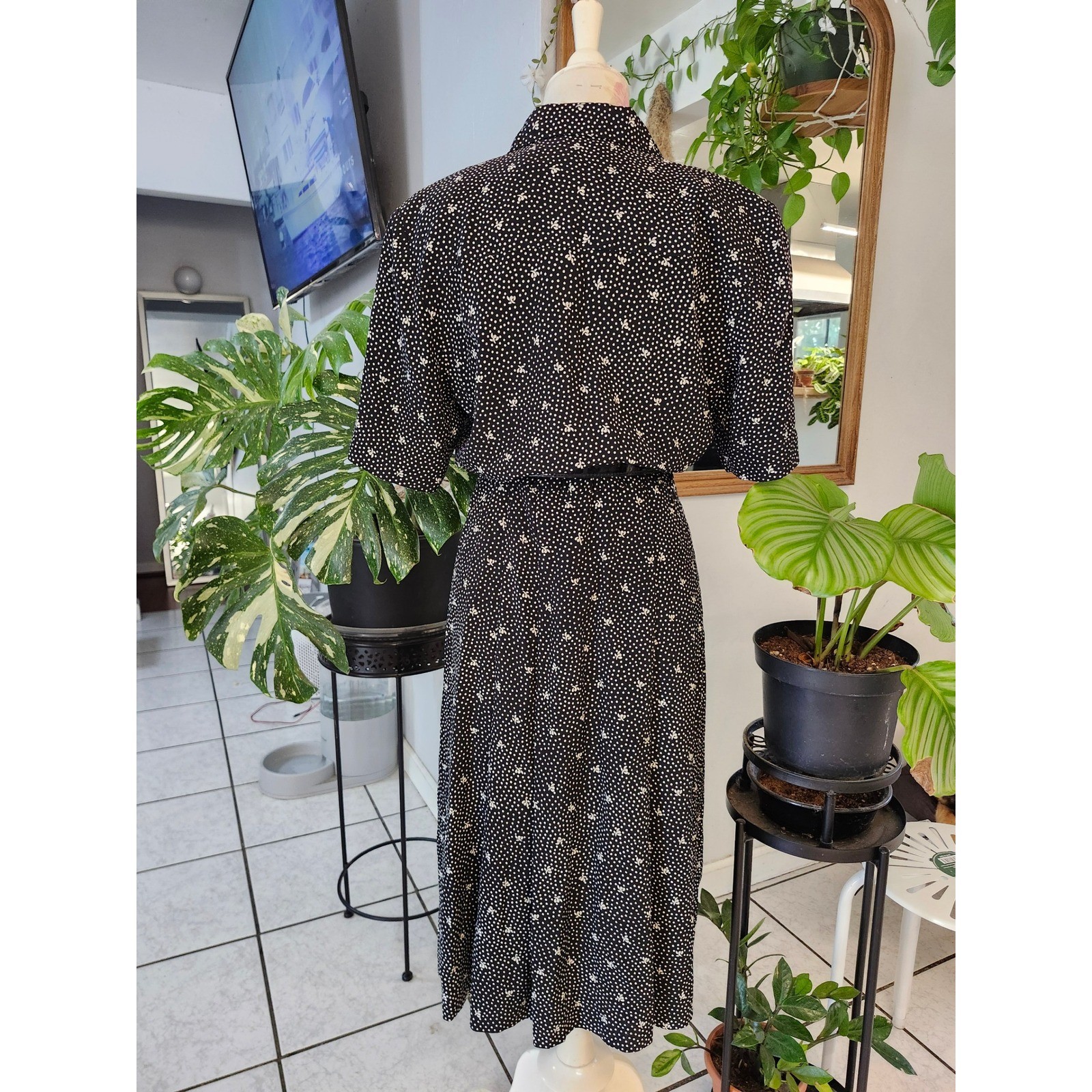 Vintage Liz Claiborne Blk Polka Dot Button Front Midi Dress Size 10 Cottagecore